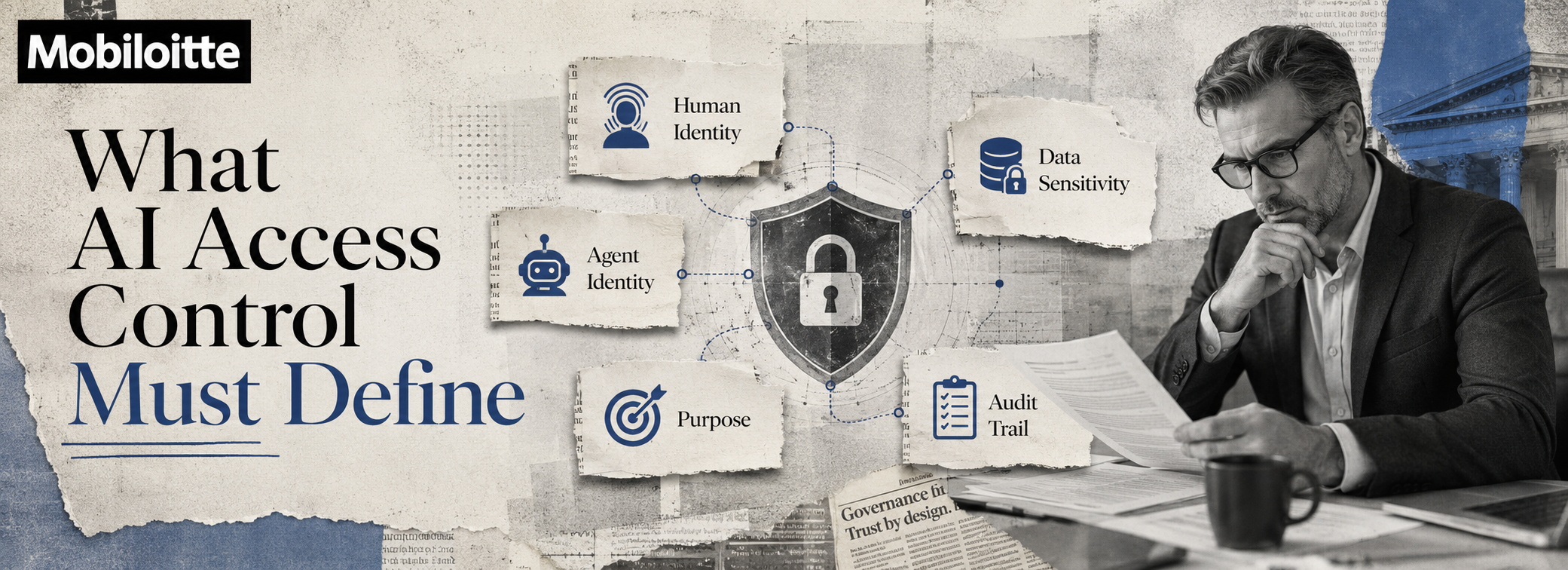 AI access control framework showing human identity, agent identity, data sensitivity, purpose, and audit trail controls for secure enterprise AI governance