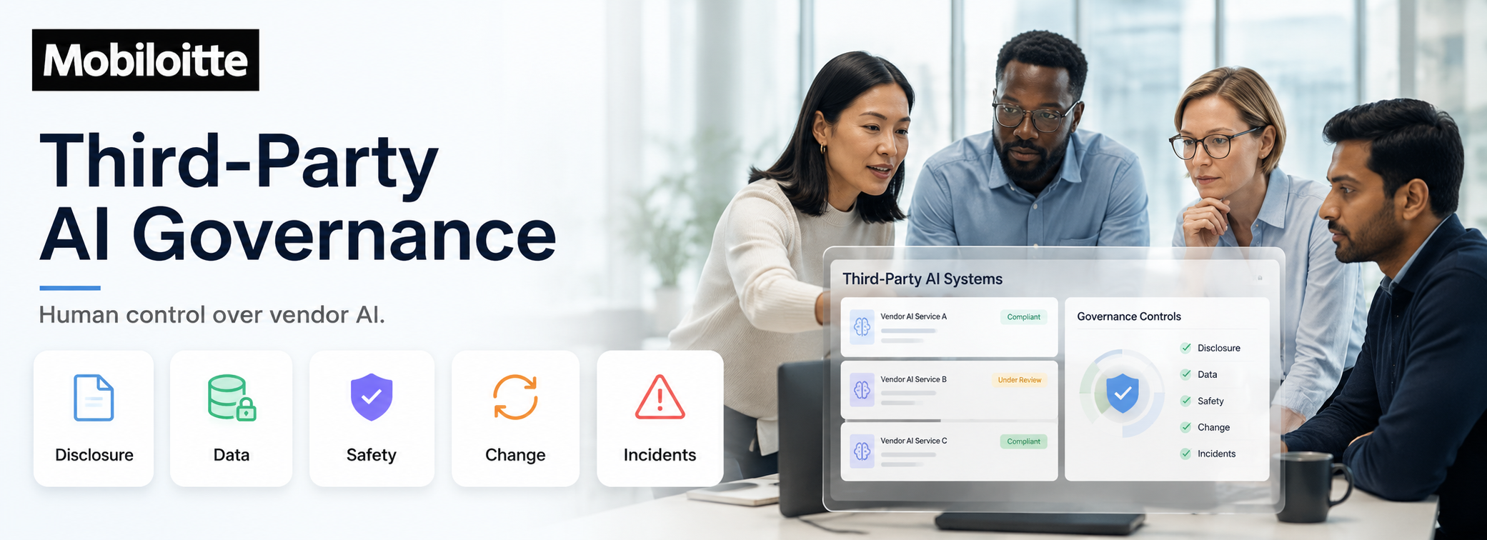 Third-party AI governance framework showing vendor AI controls for disclosure, data protection, safety, change management, and incident tracking