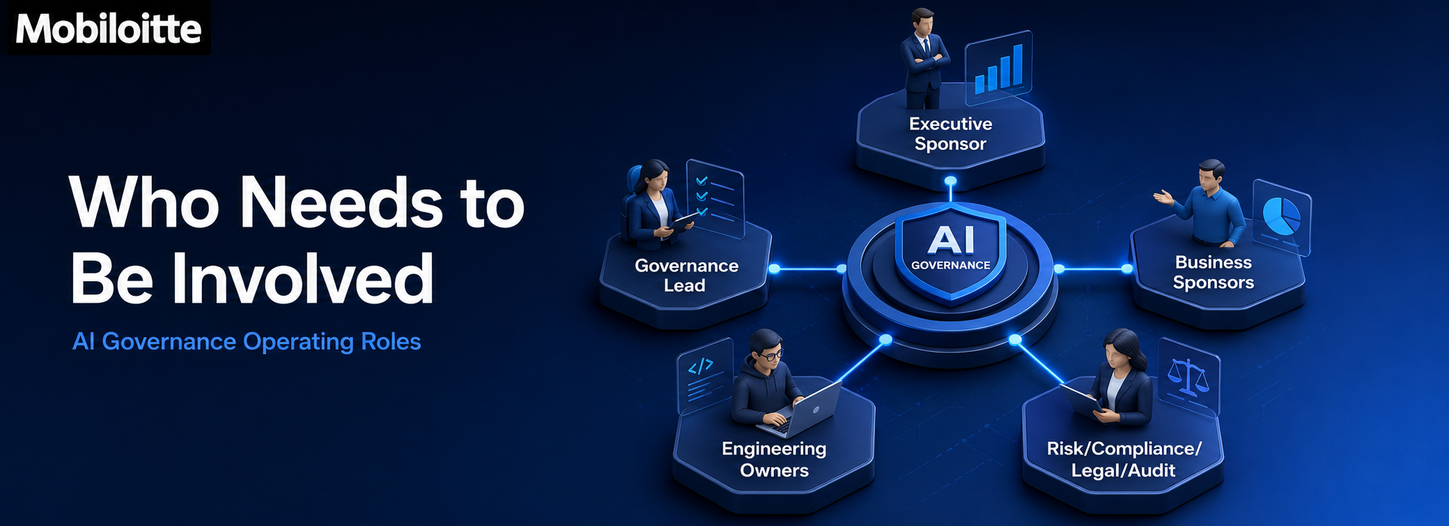 AI governance operating roles showing executive sponsor, governance lead, business sponsors, engineering owners, and risk, compliance, legal, and audit teams connected to enterprise AI governance