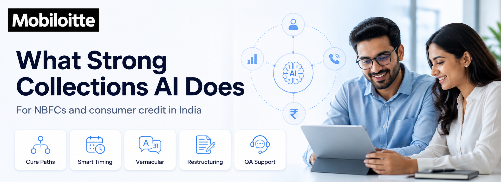 Collections AI for NBFCs in India showing AI-driven borrower communication, repayment support, compliance, call assistance, and consumer credit workflows