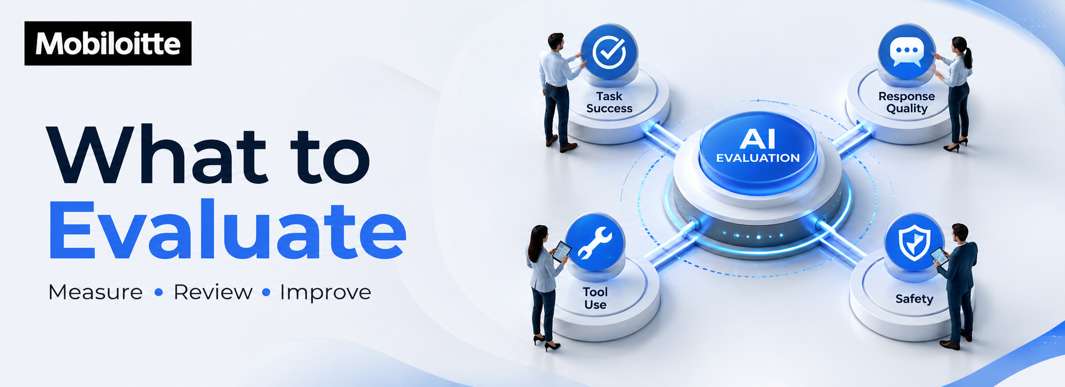 Evaluation and observability for AI agents in production showing agent health, task success rate, response quality, error rate, performance trends, and issue monitoring dashboard