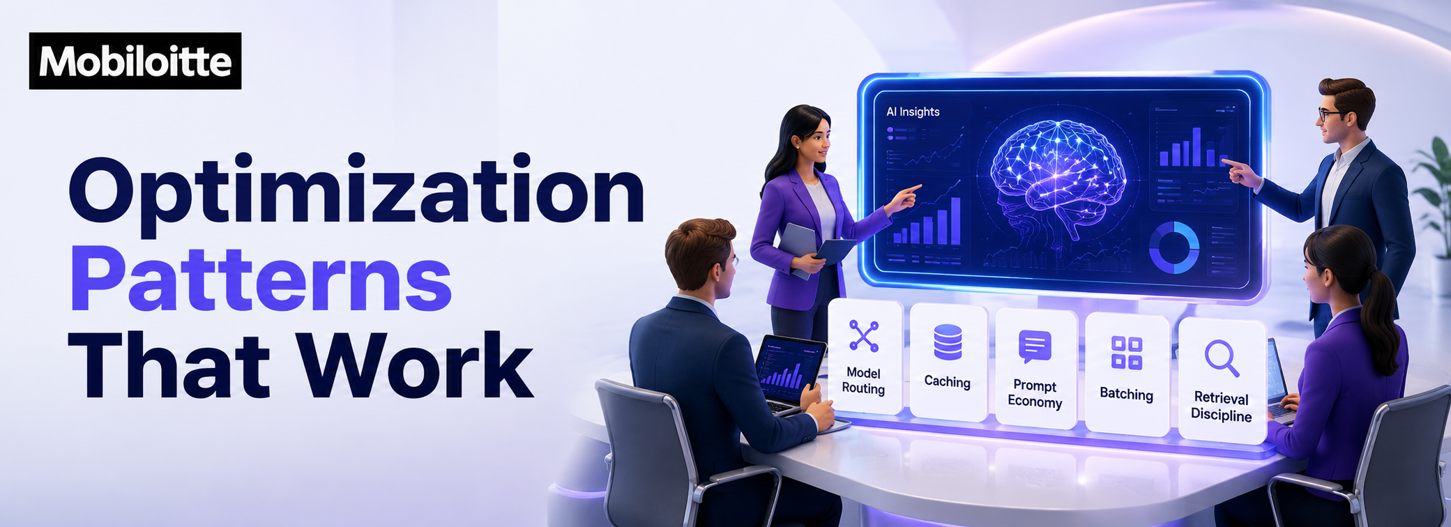 Enterprise team reviewing GenAI optimization patterns including model routing, caching, prompt economy, batching, and retrieval discipline