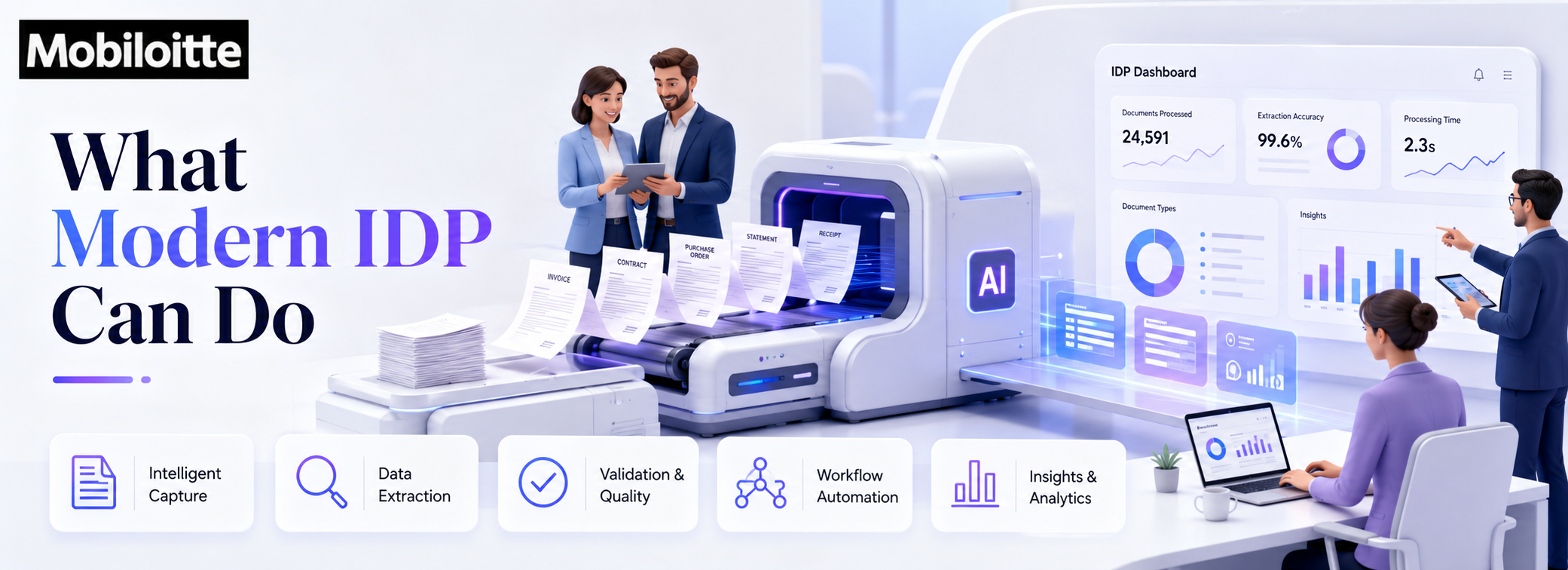 Modern IDP system using AI to capture, extract, validate, automate, and analyze enterprise documents with dashboard insights