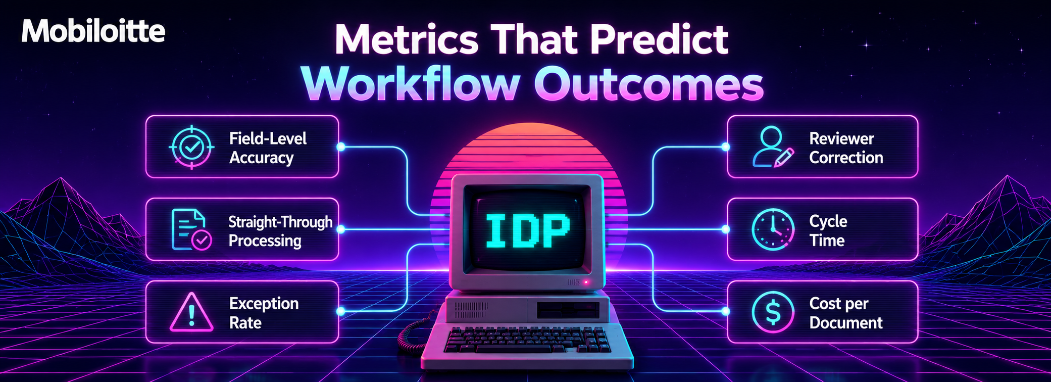 Retro-style IDP dashboard showing key workflow outcome metrics, including field-level accuracy, straight-through processing, exception rate, reviewer correction, cycle time, and cost per document.