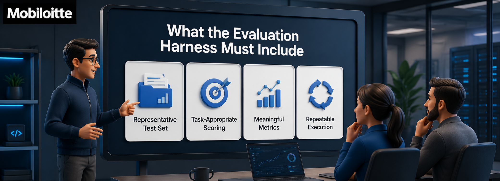 Mobiloitte graphic showing an evaluation harness for AI systems, highlighting representative test sets, task-appropriate scoring, meaningful metrics, and repeatable execution.