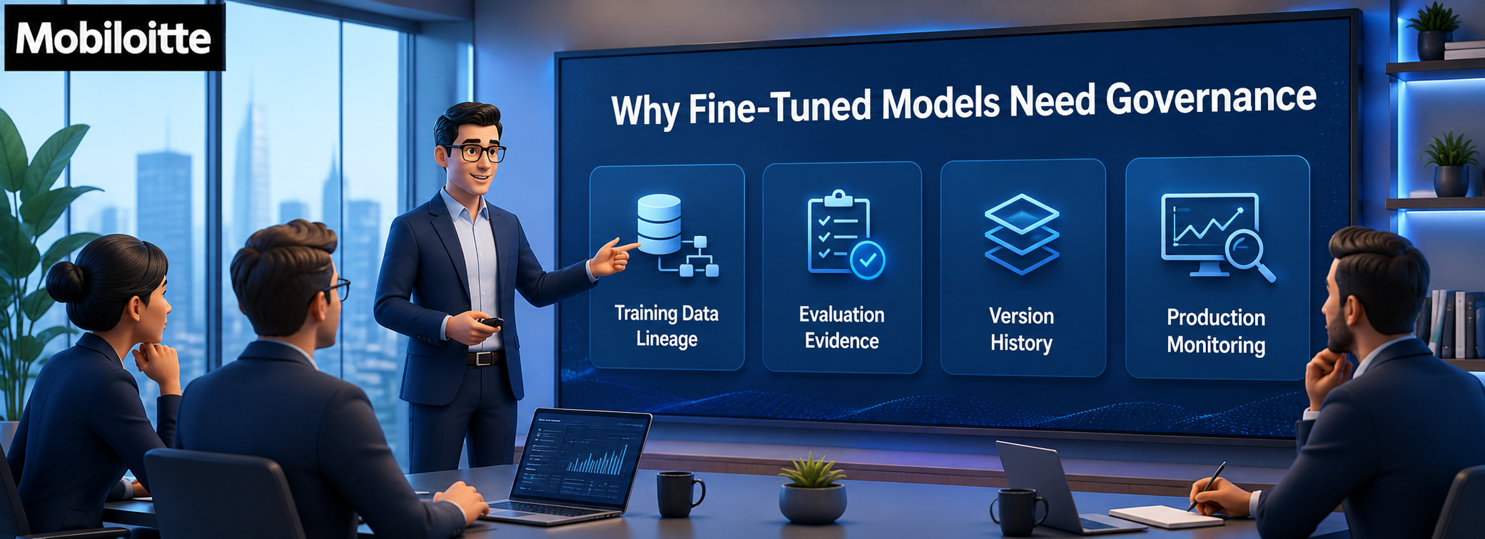 Mobiloitte training-style graphic showing why fine-tuned AI models need governance, highlighting training data lineage, evaluation evidence, version history, and production monitoring.