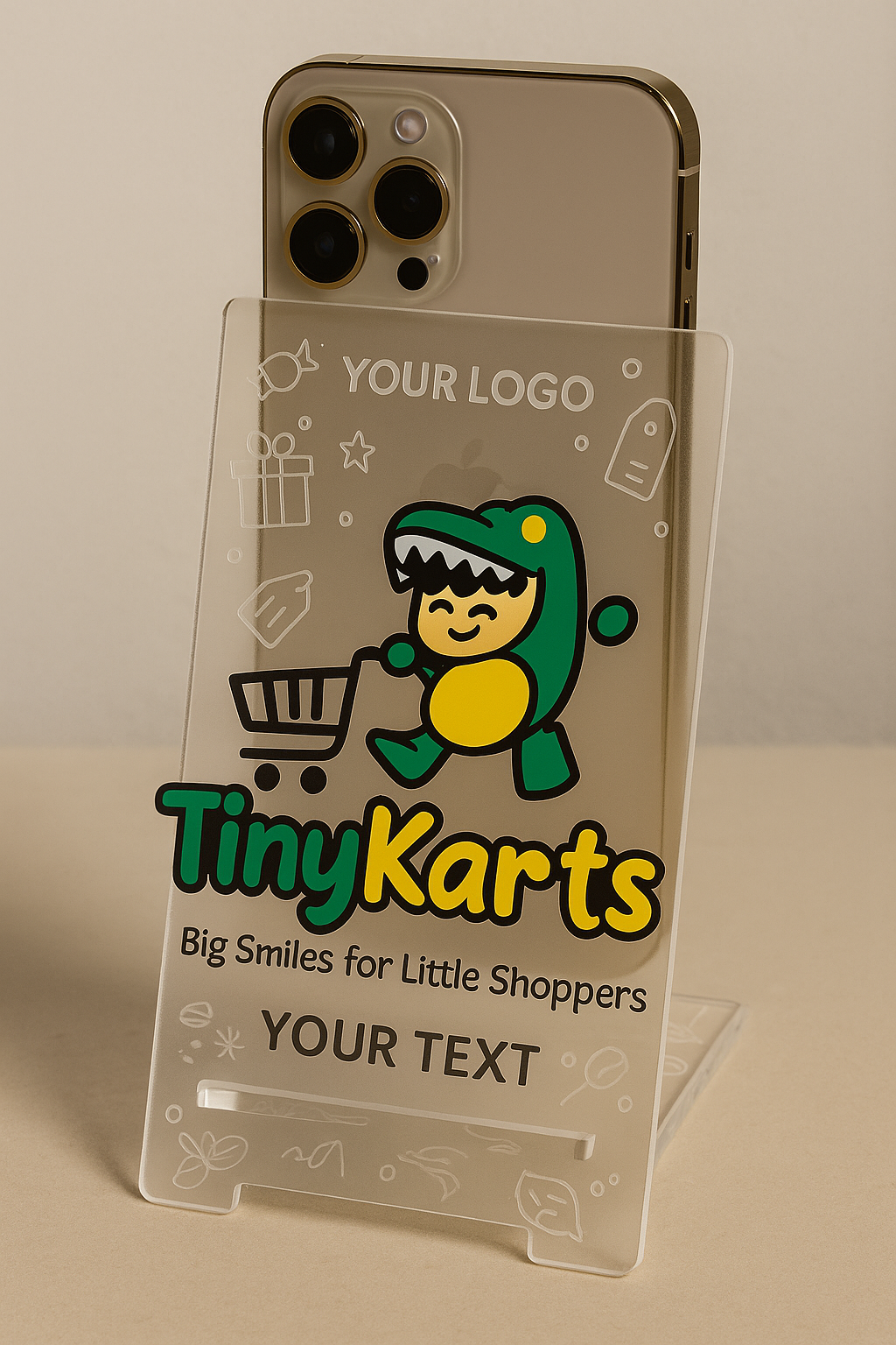 Custom Acrylic Mobile Stand with Engraved Floral Design & Personalized Logo 1