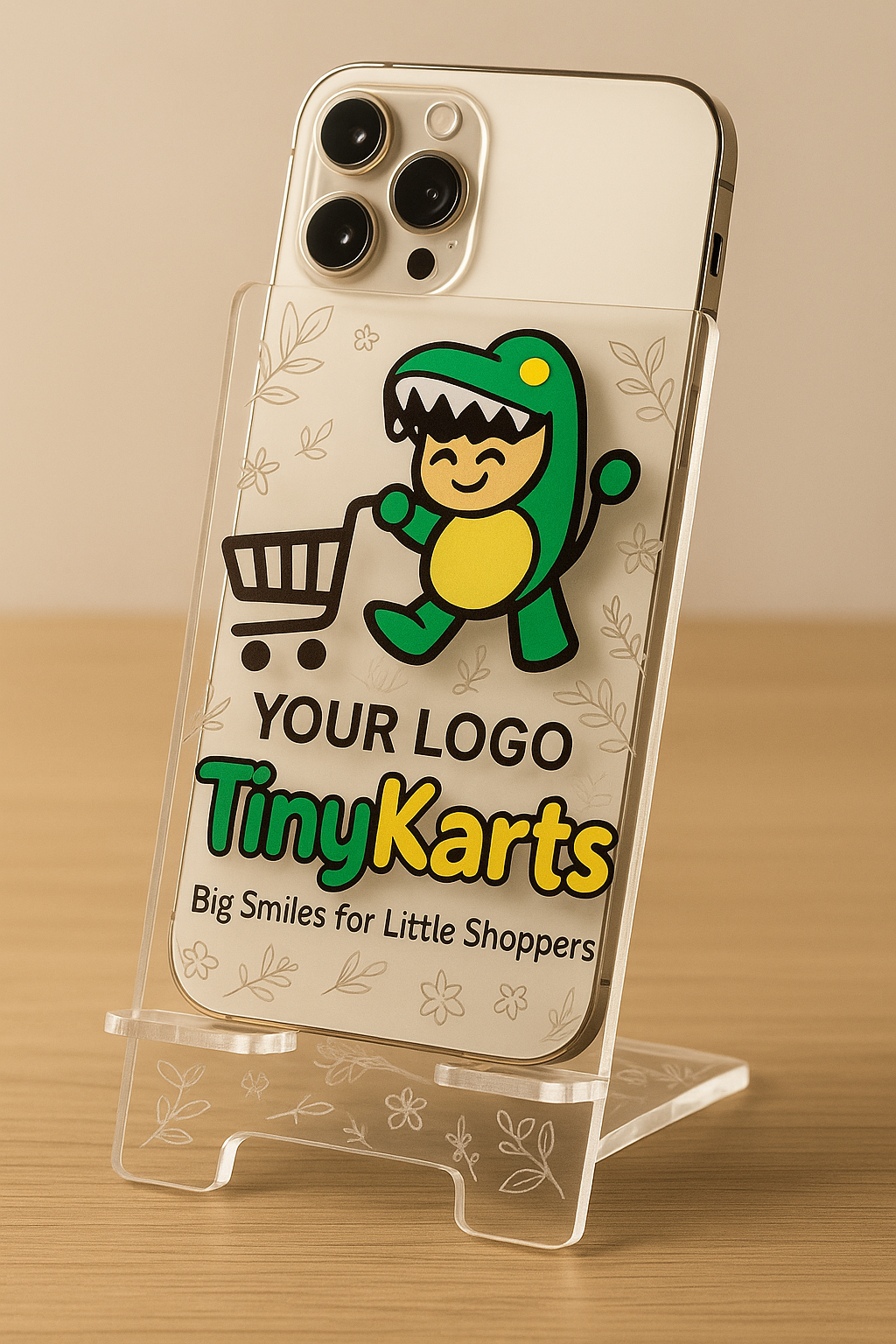 Custom Acrylic Mobile Stand with Engraved Floral Design & Personalized Logo 2