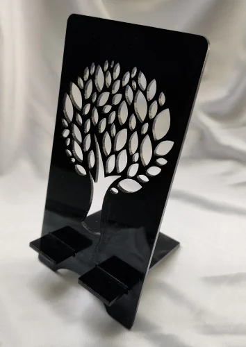 Custom Acrylic Mobile Stand with Engraved Floral Design & Personalized Logo 4